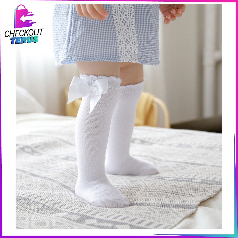 CT P532 Kaos Kaki Bayi Panjang Pita Selutut Anak Perempuan Motif Polos Anti Nyamuk Ribbon Sock Import