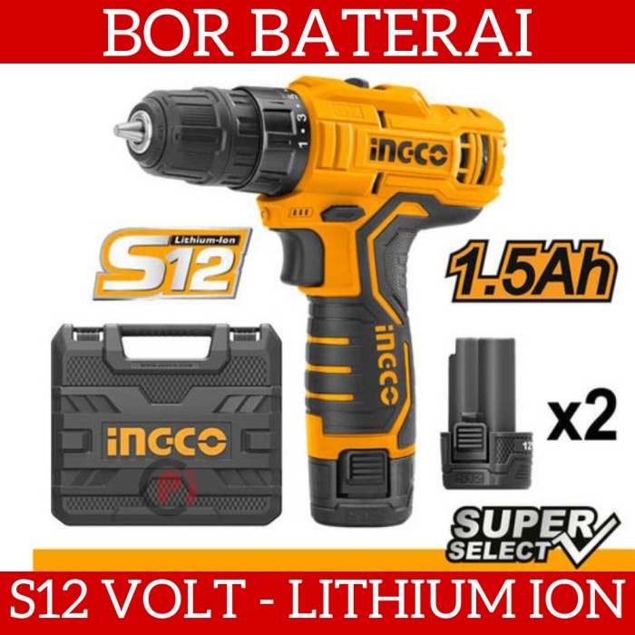 INGCO CDLI12325 Mesin Bor Baterai Cordless S12 12V Extra Baterai 2 Pcs