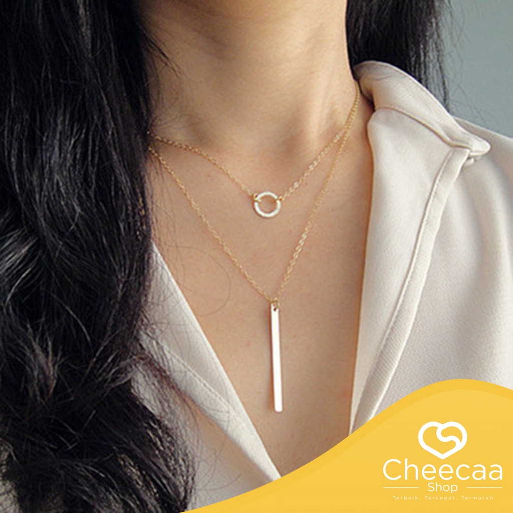 CC (ACC67) Kalung Rantai Geometris Double Layer Persegi Panjang Bulat Korean Style
