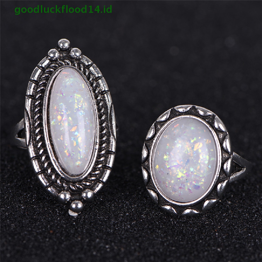 [GOOGFOUR] 8pcs/set Cincin Perak Putih Api Opal Cincin Kawin Tunangan Cincin Wanita Perhiasan [TOP]