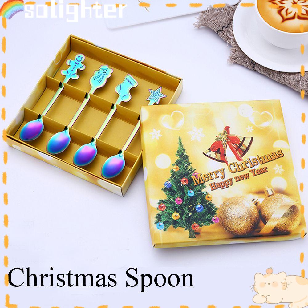 Solighter1/4pcs/set Sendok Kopi Natal Home &amp; Living Ice Cream Stainless Steel Kitchen &amp; Dining Kids Spoon