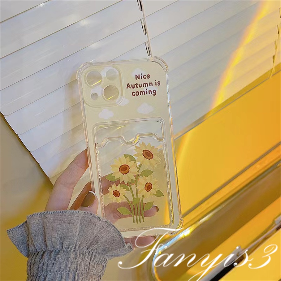 Compatible For IPhone 14 13 12 11 Pro Max X XR Xs Max 8 7 Plus SE 2020 Kompatibel Untuk Cute Sunflower Card Holder Phone Case Bening TPU Soft Cover Pelindung