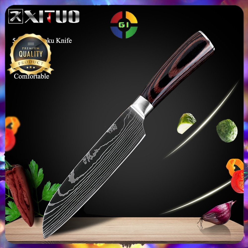 Pisau Dapur Chef Damascus Pattern 5 Inch Santoku Knife Stainless