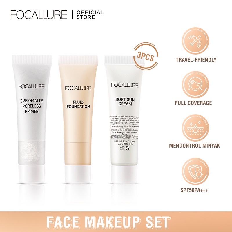 RAFEYLA - FOCALLURE 3pcs Face Beauty Set Include Foundation Sunscreen Sun Cream Primer Oil Control Travel Size Flawless Facial Makeup Kit Waterproof
