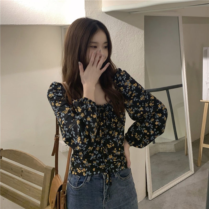 Red French square collar floral long-sleeve shirt women s autumn unique chic top slim fit short design niche shirt