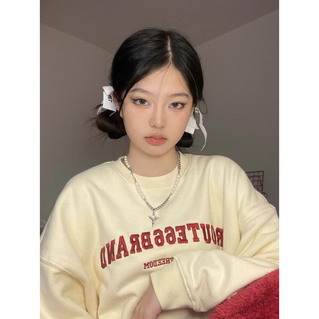 ♠◙He Ping Jepang retro trendi surat merek pullover sweater wanita ceruk Korea all-match longgar plus pakaian atas beludru musim gugur dan musim dingin