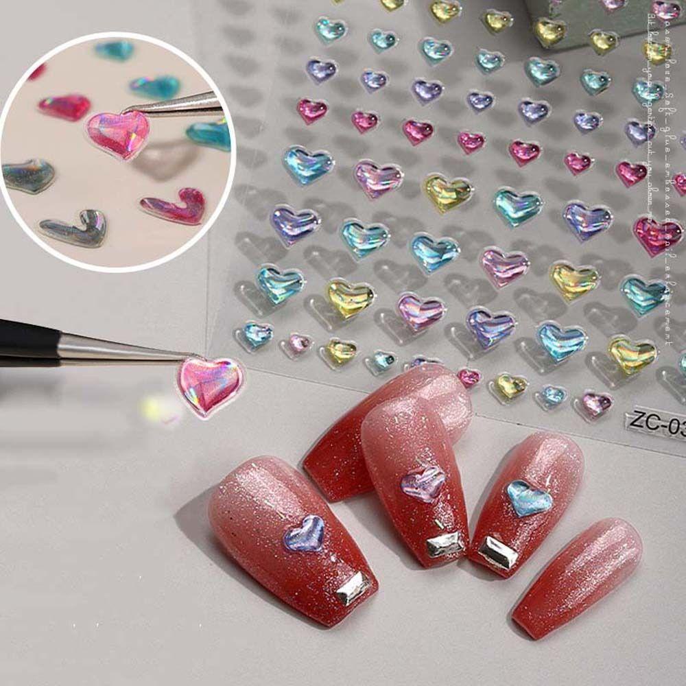 Agustina Jantung Stiker Kuku 5D Relief Warna-Warni Lembut Perekat Stiker Cinta Hati Kupu-Kupu Manikur Aksesoris Nail Art Dekorasi