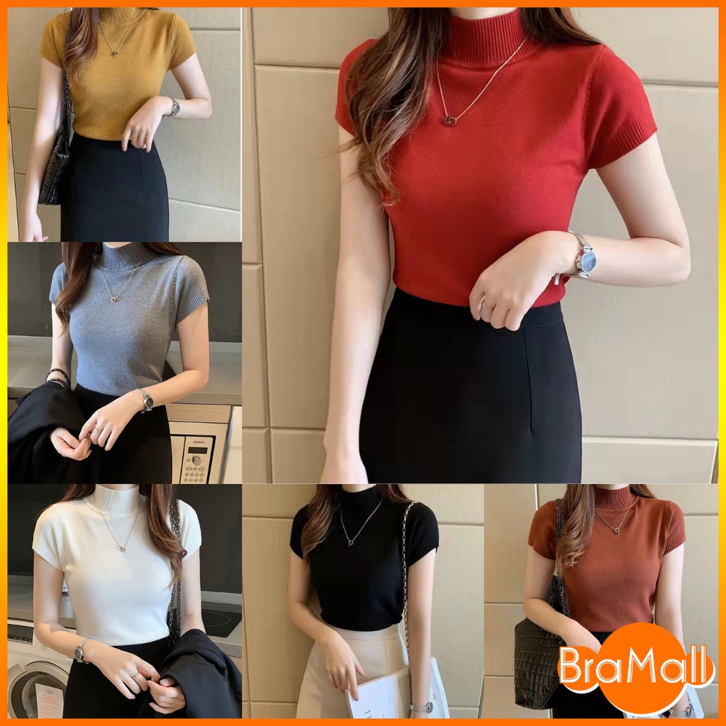 【 Bra Mall 】BM-132 Atasan Wanita Kaos Turtleneck Blouse Korean Style / Baju Korea Lengan Pendek Import