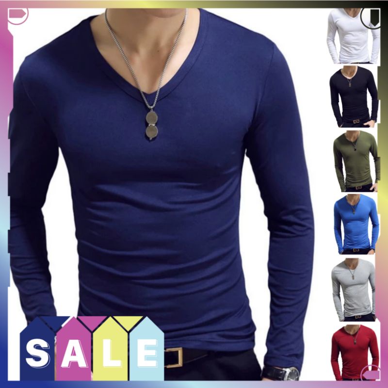 KAOS POLOS V NECK PRIA LENGAN PANJANG MURAH SIZE M L XL / KAOS V NECK PRIA LENGAN PANJANG