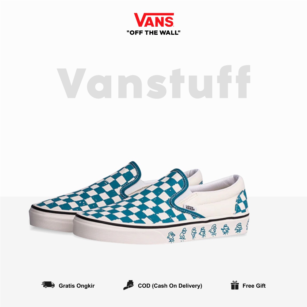 Vans Slip On Clasic Kakao N Friends Checkerboard Blue Couple Pria dan Wanita Original 100% BNIB Global Market Authentic Guarated Catur Ori