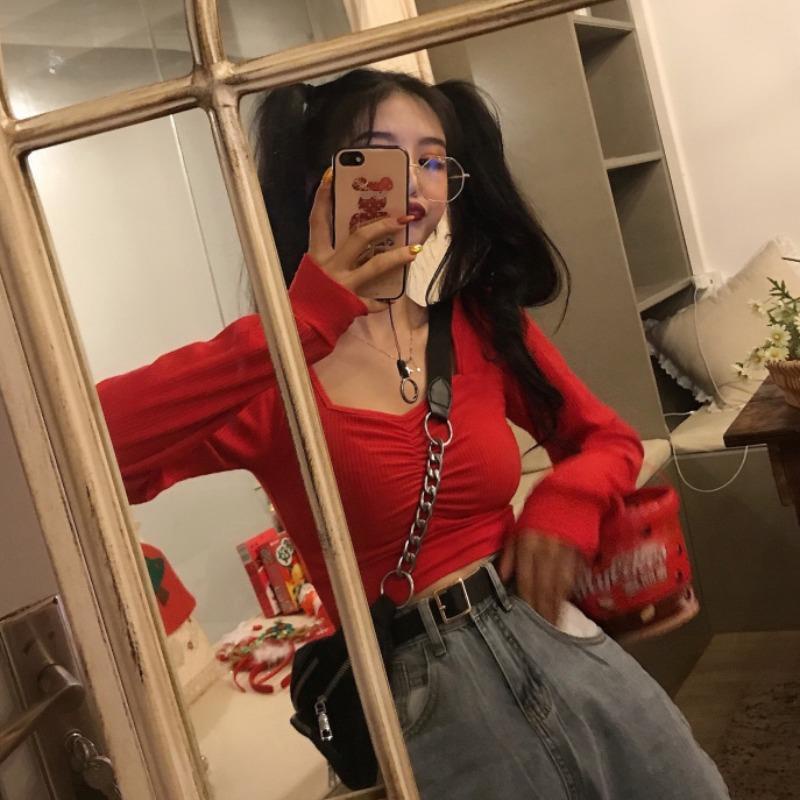 Red Net Merah Lengan Panjang T-shirt Wanita Self-Budidaya Dalam Kerah Persegi Pendek Crop Top Asing Gelembung Lengan kemeja Spring Tide