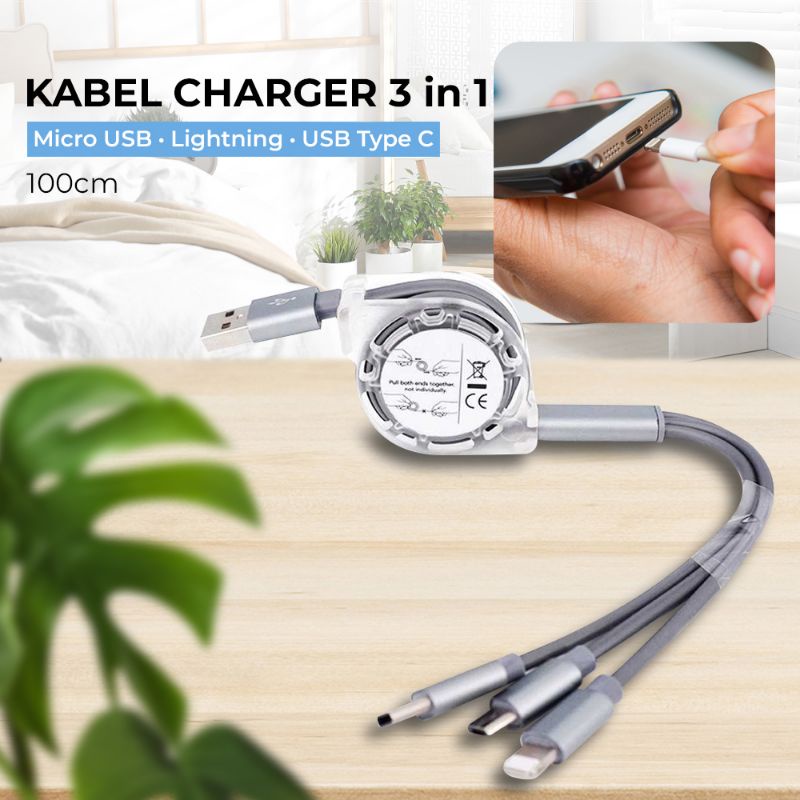 Kabel Charger 3 in 1 MicroUSB+Lightning+USB Type C 100 cm