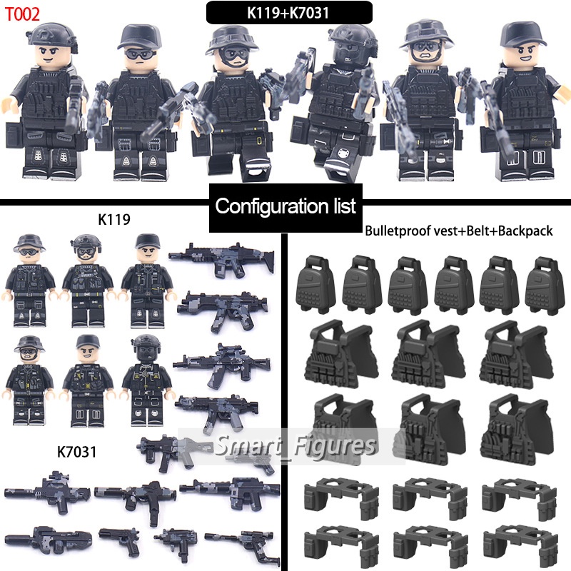 Angka Mini Set SWAT Khusus Polisi Dengan Ransel Rompi Sabuk Lengan Bom Pembuangan Baju Minifigures DIY Mainan Hadiah