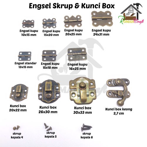 Peralatan Kerajinan Box Kayu / Engsel Mini / Engsel Kupu / Overpall / Kuncian / Skrup Mini / Kuncian