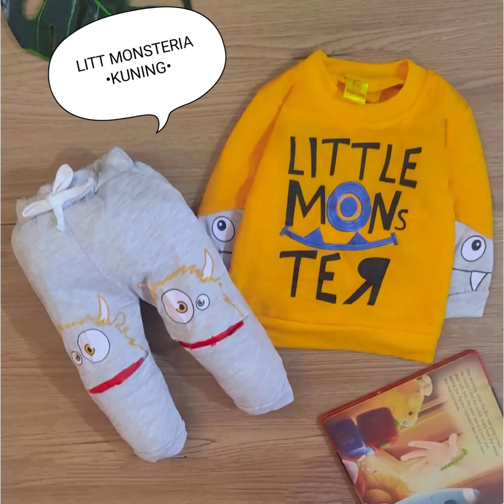 Setelan Baju Anak Bayi Laki-Laki Atasan Dan Celana Panjang Motif Cute Monsteria Estimasi Usia 6 Bulan-4 Tahun