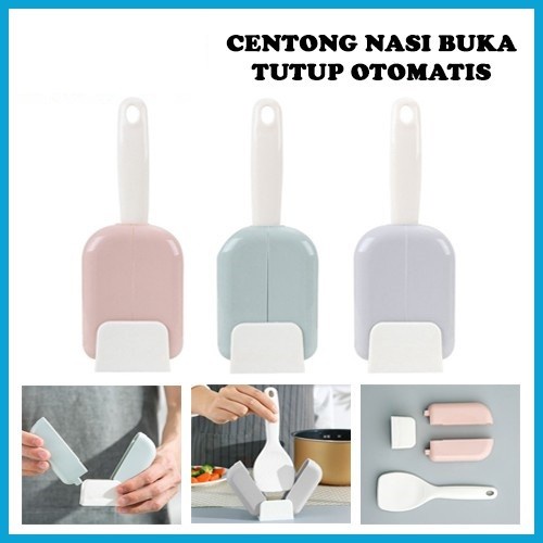 Centong Nasi Dengan Penutup Cover Otomatis Tempat Sendok Nasi Plastik