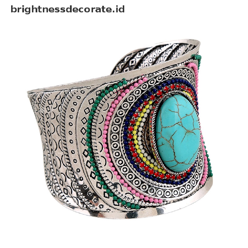 [Birth] Bohemian Vintage Tibet Perak Turquoise Wanita Pesona Cuff Bangle Bracelets [ID]