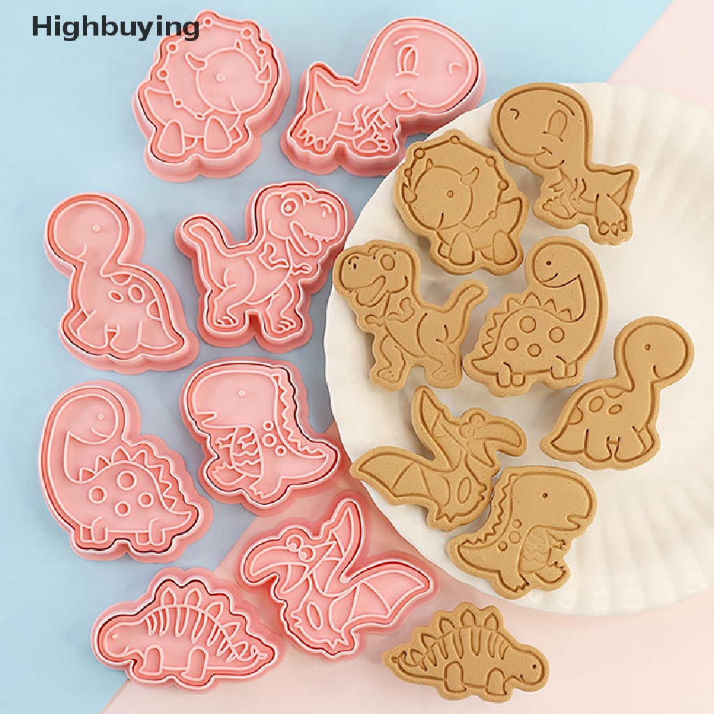 Hbid 8Pcs/Set Kartun Dinosaurus Cookie Cutters 3D Plastik Pressable Biskuit Cetakan Cookie Stamp Dapur Baking Pastry Bakeware Alat Perlengkapan Baking DIY Glory