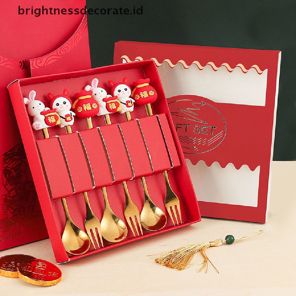 [Birth] Hadiah Imlek Alat Makan Sendok Kelinci Sendok Garpu Set Zodiak Dessert Spoon [ID]