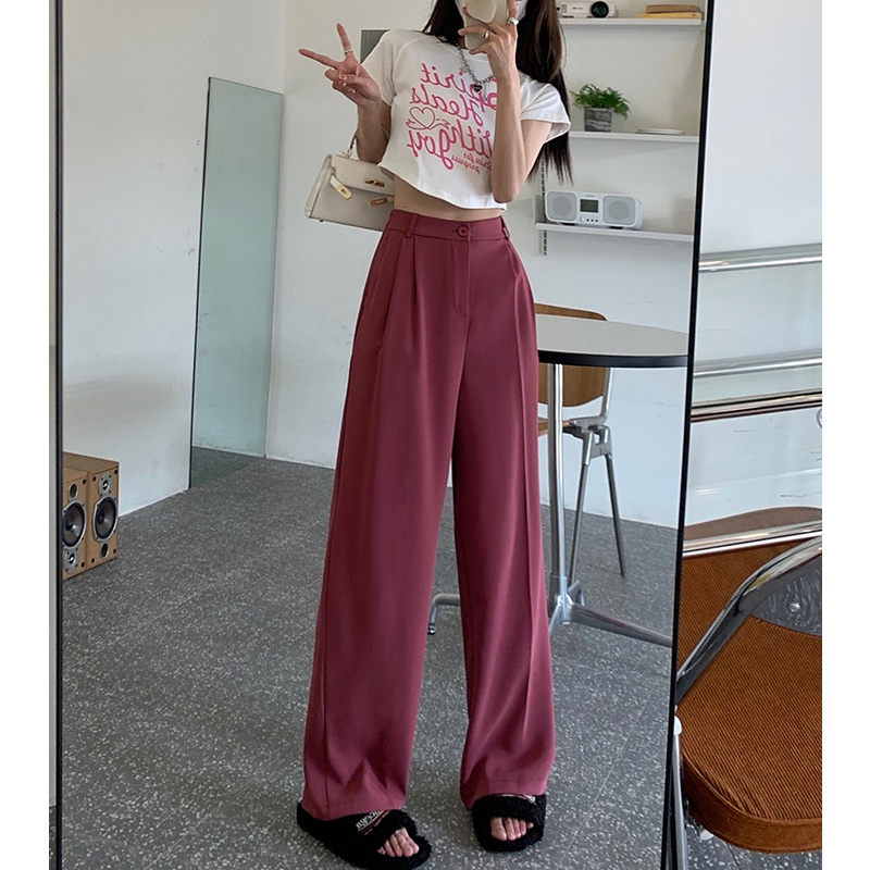 Highwaist Straight Loose Kasual Celana Setelan Wanita Korea