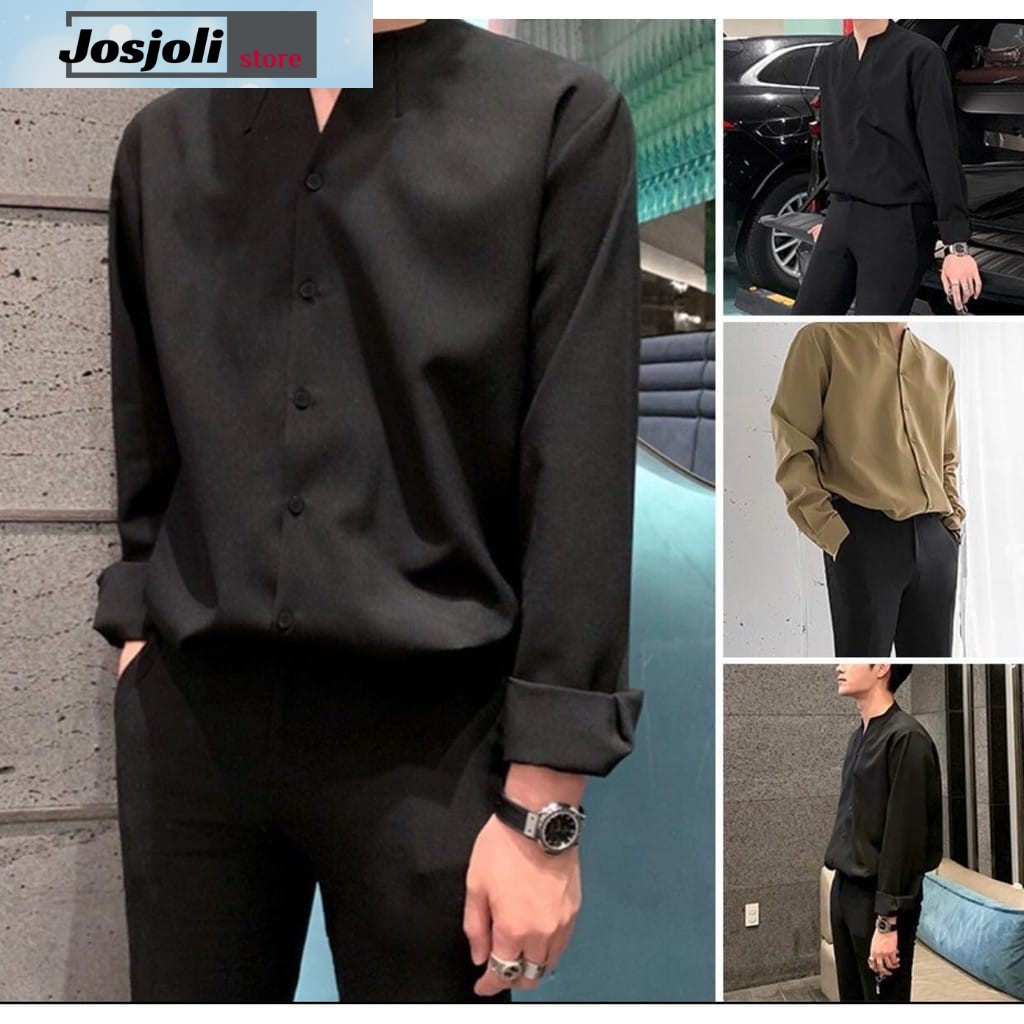 JOSJOLI_STORE/Kemeja Korea Style/Kemeja V-NECK Tin Lengan Panjang Size M L XL XXL Fashion Pria