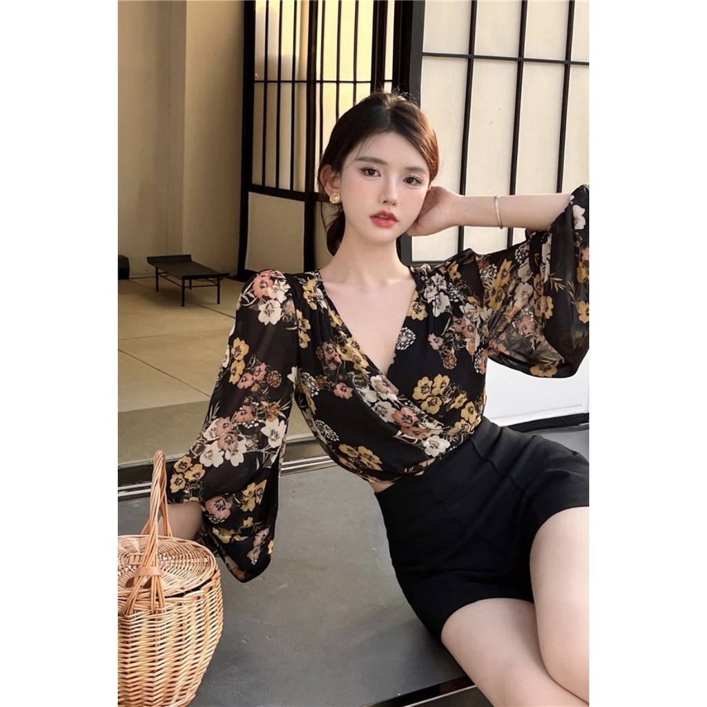 Red Lentera lengan pendek kemeja sifon musim panas v-neck retro slim dicetak kemeja perlindungan matahari atas perempuan rasa desain baru