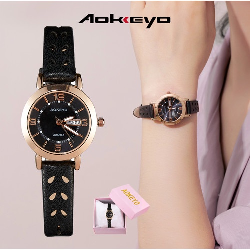 AOKEYO S027 Jam Tangan Wanita Model Tali Kulit Jam Tangan Wanita Tahan - Hitam