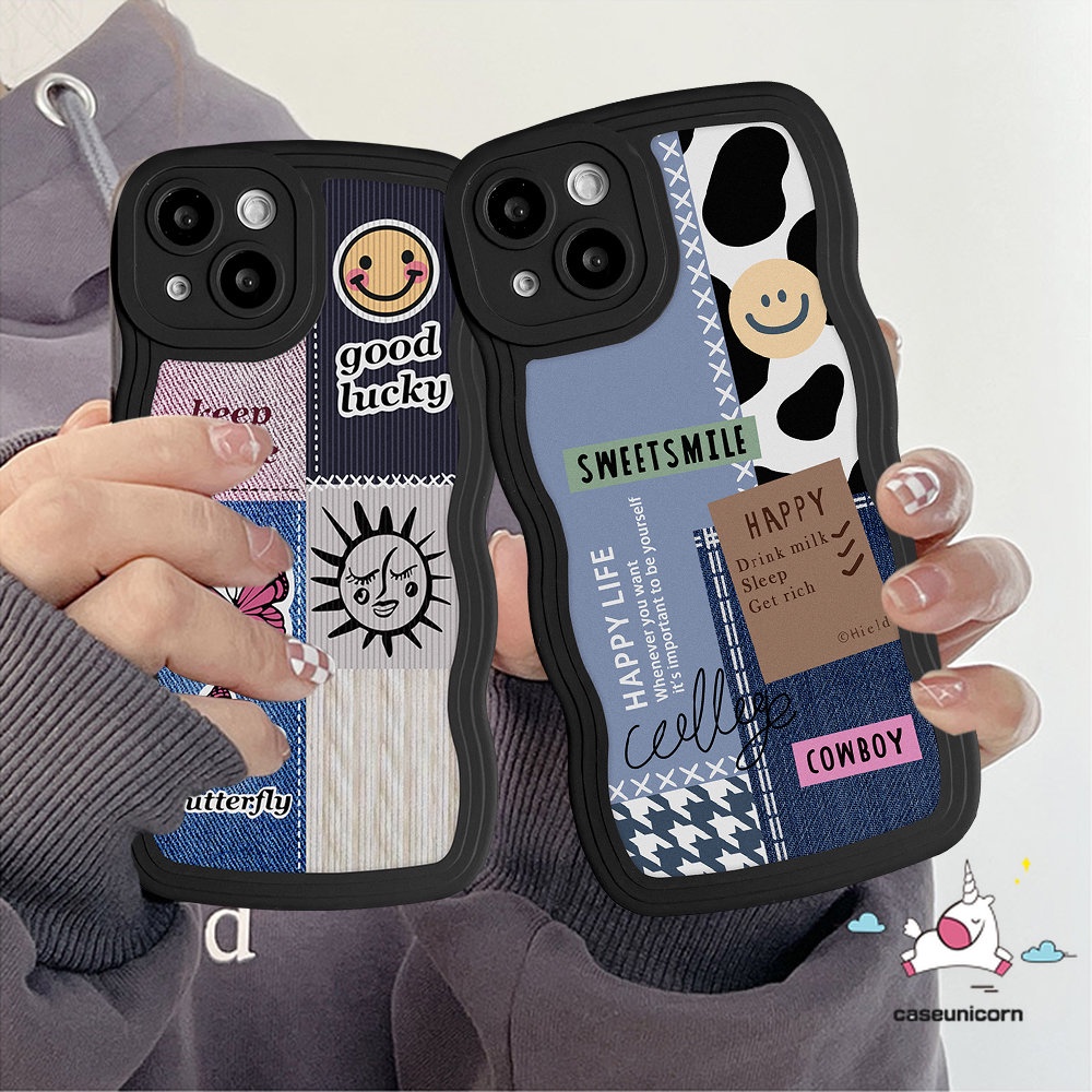 IPHONE Kompatibel Untuk Iphone11 13 14 12 Pro Max XR 6 6s 8 7 Plus 14Plus X XS Max SE 2020 Motif Koboi Kupu-Kupu Splicing Smiley Label TPU Lembut Bergelombang Tepi Back Case