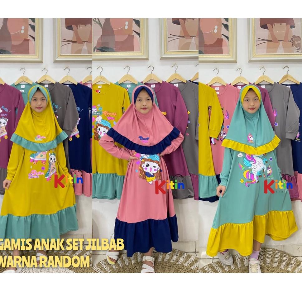 YN - GAMIS ANAK SET HIJAB 2-12 TAHUN/ BAJU MUSLIM NGAJI ANAK PEREMPUAN MOTIF BTS BT21 UNICORN HIJAB 