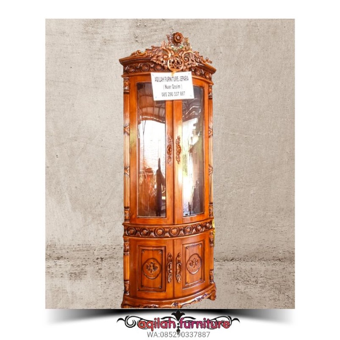 LEMARI HIAS LEMARI KACA LEMARI SUDUT LEMARI POJOK LEMARI KAYU JATI ASLI UKIRAN JEPARA