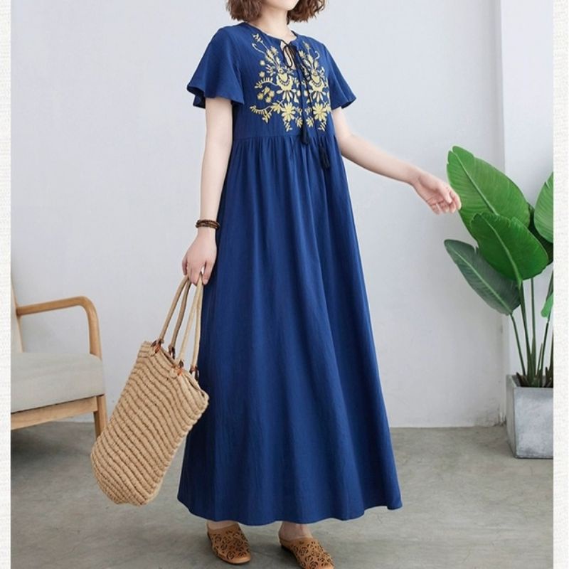 72270 Fashion baju Maxi dress dres lengan pendek dada depan bordir mewah pesta kondangan CNY Chinese