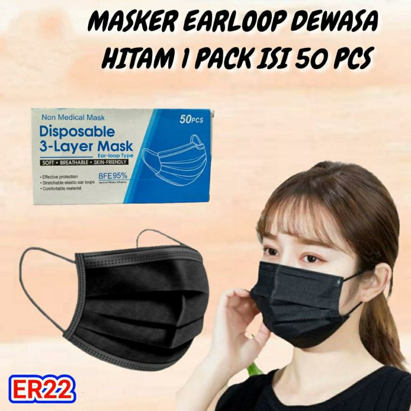 Masker Hitam Korea 3ply isi 50PCS Per 1BOX K-POP IDOL DEWASA IMPORT Fashion Artis Korea Trendy COD