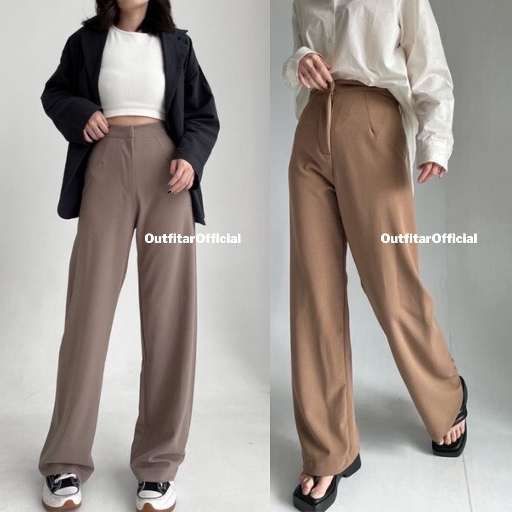 Celana Wanita HightWaist Rib Knit Regular Long Pants Hight Quality Premium