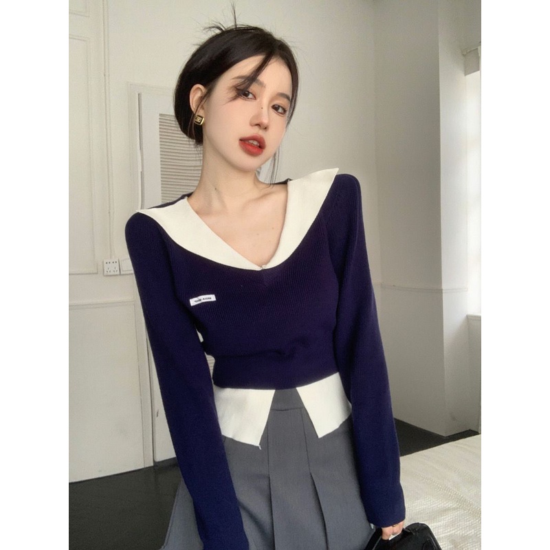 Red Gaya perguruan tinggi v-neck sweater warna kontras wanita musim gugur dan musim dingin baru yang chic dan unik atasan pendek palsu dua potong kemeja bottoming rajutan