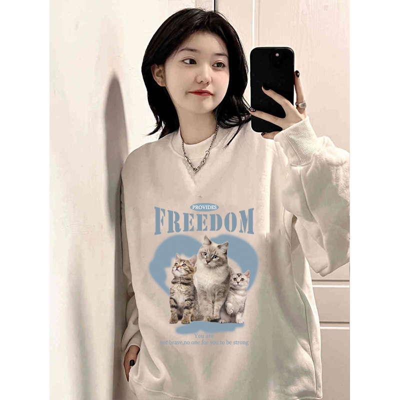 Kaos Stasan Wanita Oversize Couple Sweater American Vintage Cartton Cat Cartoon Graphic Priting Top Kekinian Casual Sweater