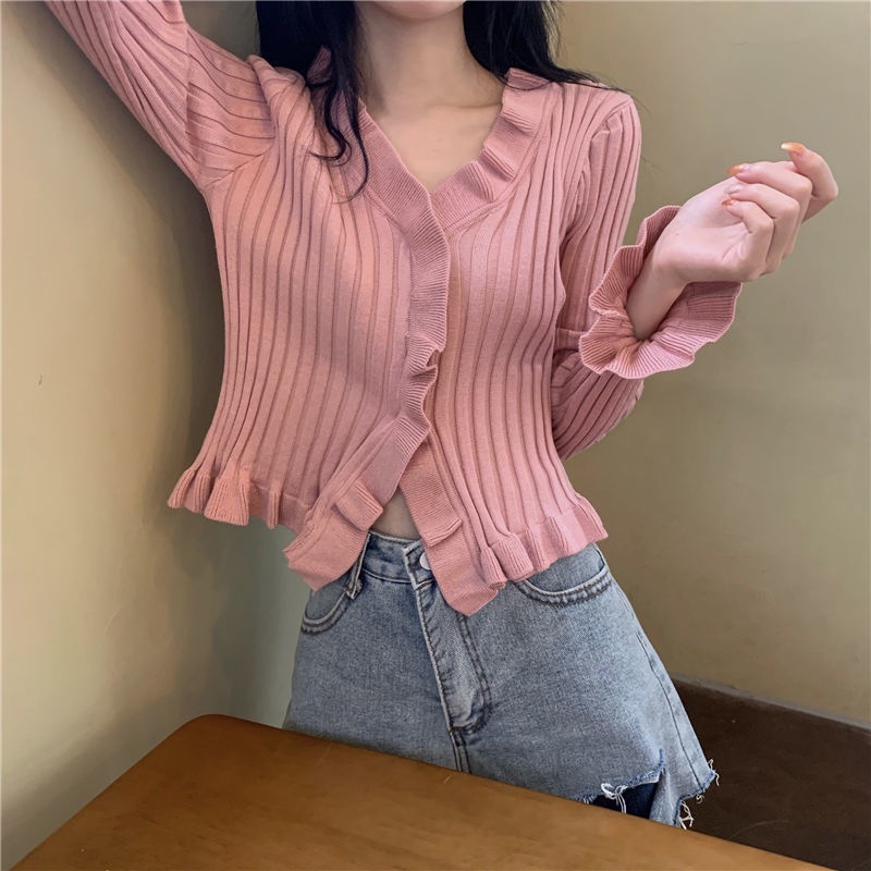 Red V-neck Kayu Telinga Sisi Lengan Panjang Rajutan Sweater Pakaian Wanita Musim Gugur 2022 Versi Korea Baru Slim dan Tipis pendek Cardigan Top