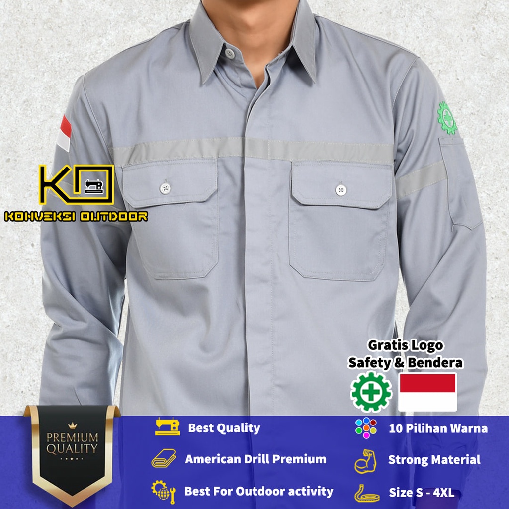 BAJU KEMEJA SAFETY WEARPACK K3 OUTDOOR PREMIUM LENGAN PANJANG - Seragam Proyek Pria Kerja Lapangan Bangunan Tambang Alat Berat PLN Enginer Instalasi Mesin Warepack Werpak Werpack Warepak Warpack Warpak Teknisi scotlet Warna Abu - abu Konveksi Outdoor