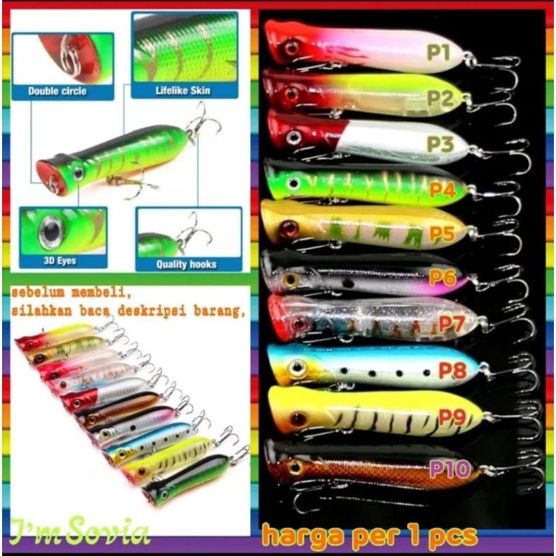 lure umpan pancing ikan tipe popper / pengganti minnow dgn kail treble / jangkar