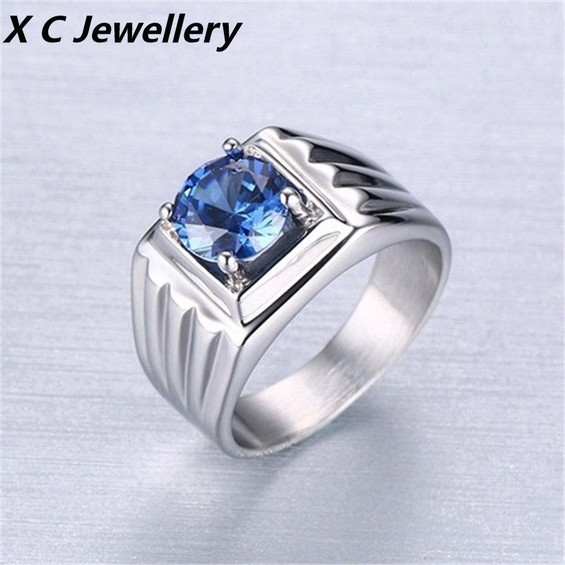 [X C Perhiasan] Hip Hop Rock Pria Fashion Zirkon Biru Cincin Aksesoris Perhiasan Pesta Suvenir Pernikahan