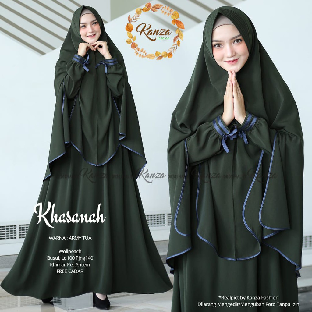 1 Set Baju Muslim Wanita Syari Gamis Hijab instan Dan Cadar | Gamis Set Khimar Terbaru Kekinian | Fashion Muslim-Army lis hitam