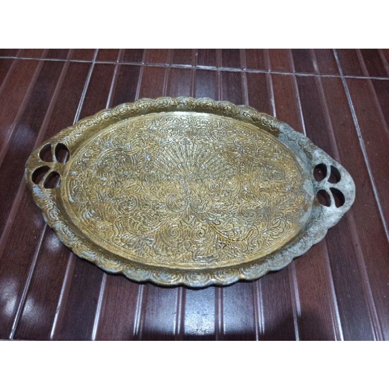 Nampan Jadul Almunium perak bakar tua Cacat Kusam Cat kuning pudar41cm