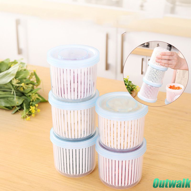 ღ Drain Segar Pemelihara Kotak Penyimpanan Lemari Es Pengeringan Kotak Buah Sayur Tiriskan Rak Dapur Disegel Makanan Penyimpanan Wadah dengan Tutup Organizer Dapur