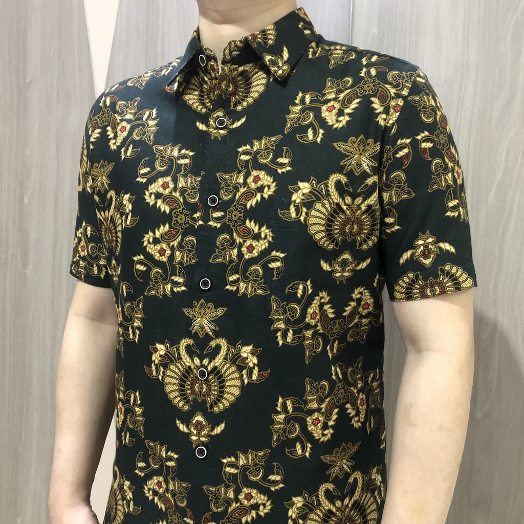 [GRIDLINE - S268 Mud Green] Kemeja Batik Pria Katun Lengan Pendek Slimfit Modern Casual Simpel Elegan