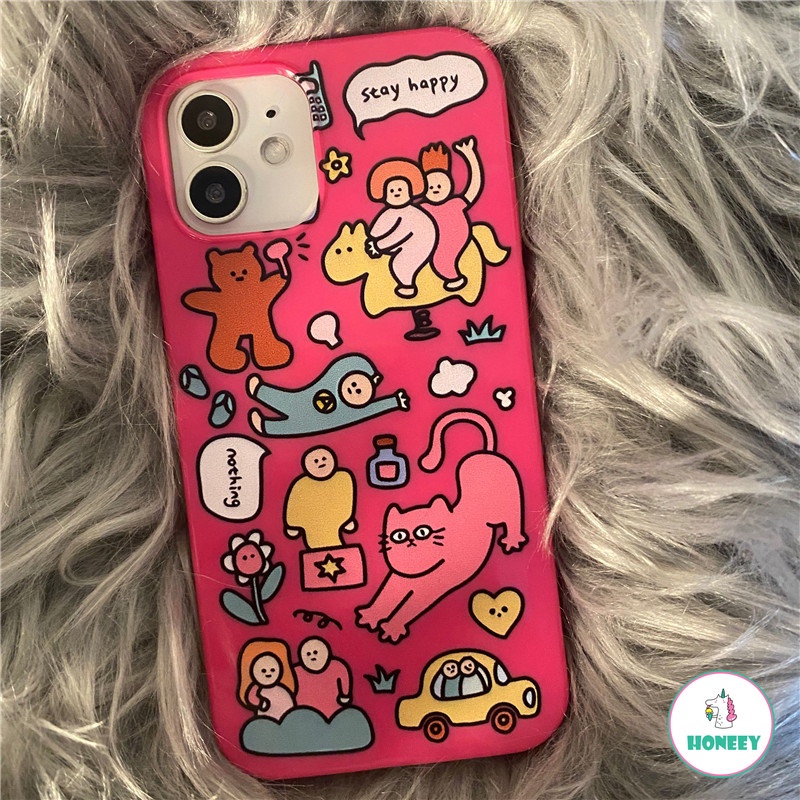 IPHONE Casing Ponsel Kucing Graffiti Korea Rose Red Untuk Iphone14 13 12 11 Pro Max X XR 8 7 Plus Halus Ultra Slim Shockproof Soft TPU Backjavascript: Cover