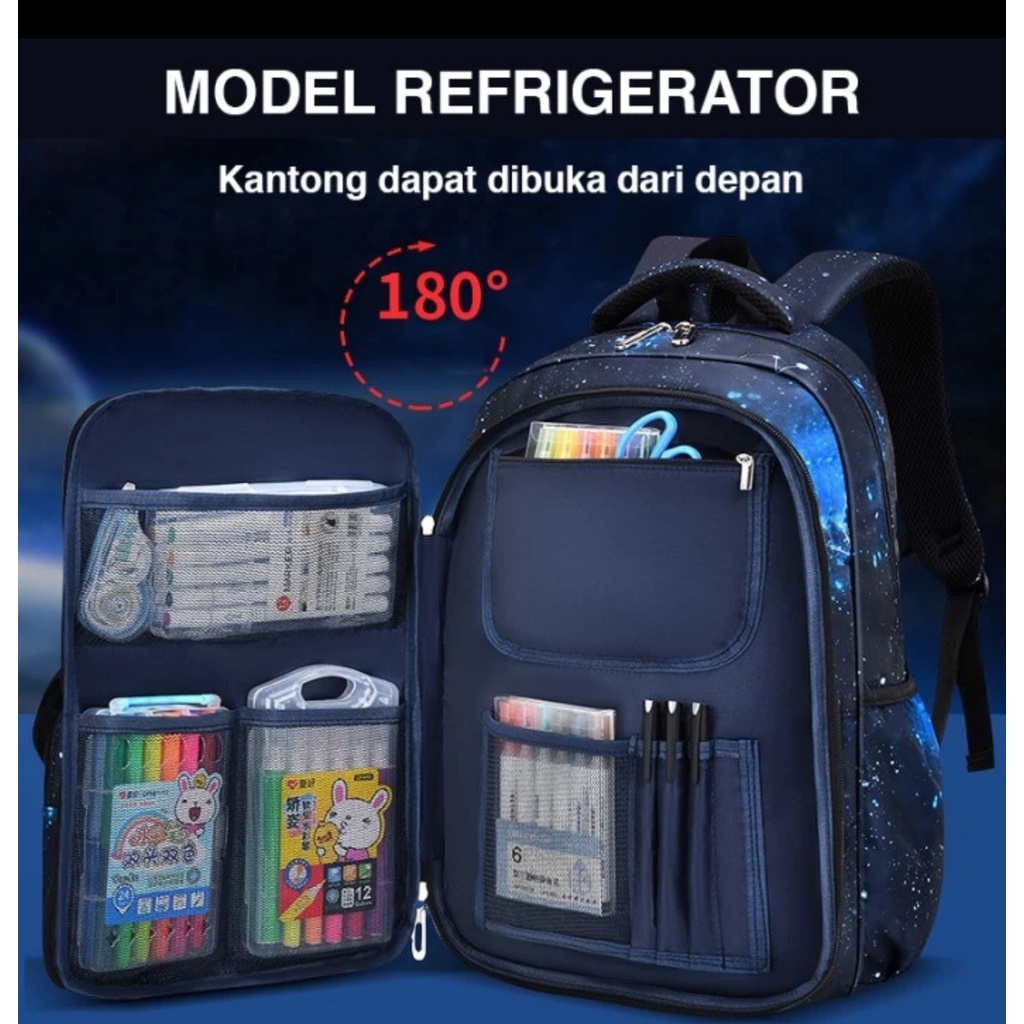 Gratis Gantungan dan Raincover! Tas Ransel Sekolah Anak SD SMP BackpackImport 18817 Galaxy Space Pintu Kulkas Double Layer