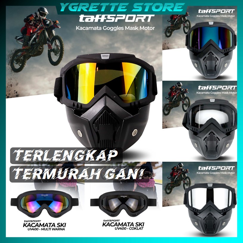 YGRETTE - TaffSPORT BOLLFO Goggles Kacamata + Masker Full Face Helem Goggle Mask Helm Gun Ski Motor Cross Topeng Kaca Mata Trail Air soft Motocross Bogo