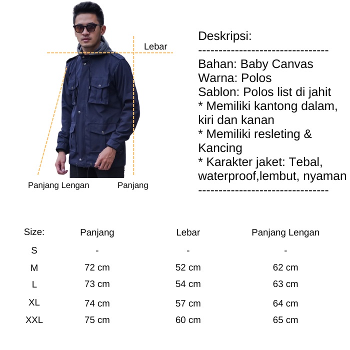 Jaket Parka Pria Long Coat Hoodie Jacket Canvas Tebal Simple Sleting