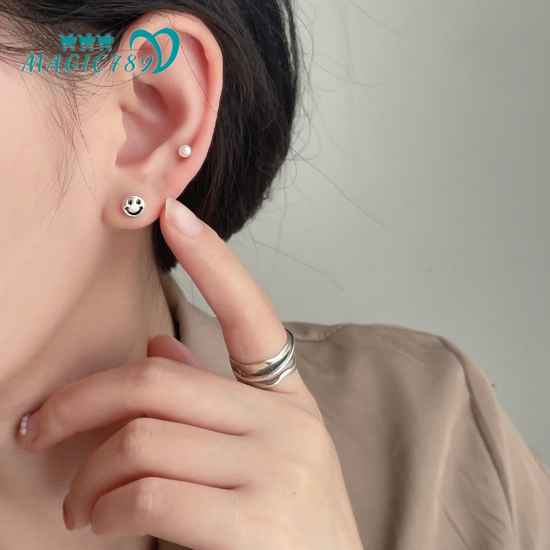 Magic789 Korea s925 Perak Berongga Wajah Senyum Stud Anting-Anting Untuk Wanita Perempuan Hypoallergenic Lucu Kecil Anting-Anting Pakaian Sehari-Hari Telinga Perhiasan