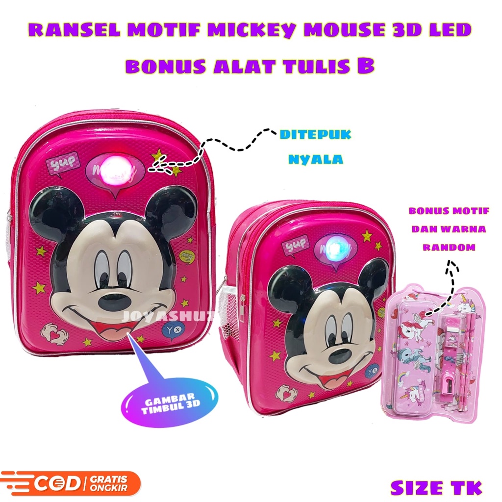 Ransel Anak Sekolah Perempuan Karakter Mickey - Tas Anak 3D Mickey Gemas - Ransel Lucu - Tas Gratis Bonus - Ransel Gratis Botol