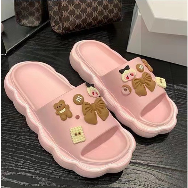 PVC Sandal Slop Wanita Karet Import Korean Slippers Flip Flop Rubber Elastic Super Soft Non-Slip Sole Brown Jibbitz